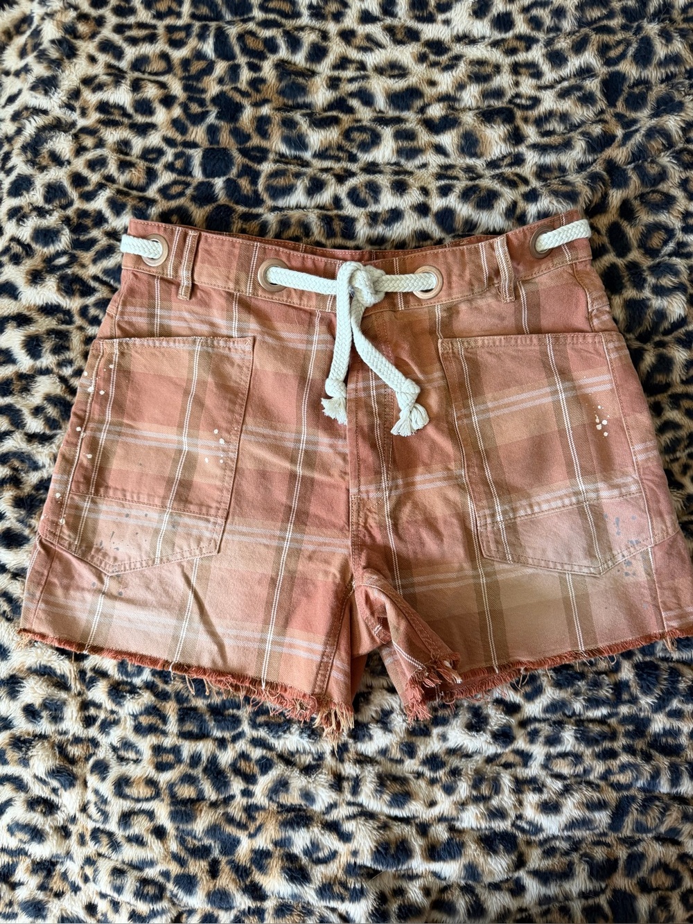 We The Free Dusty Coral Plaid High-Waist Shorts with Rope Tie
